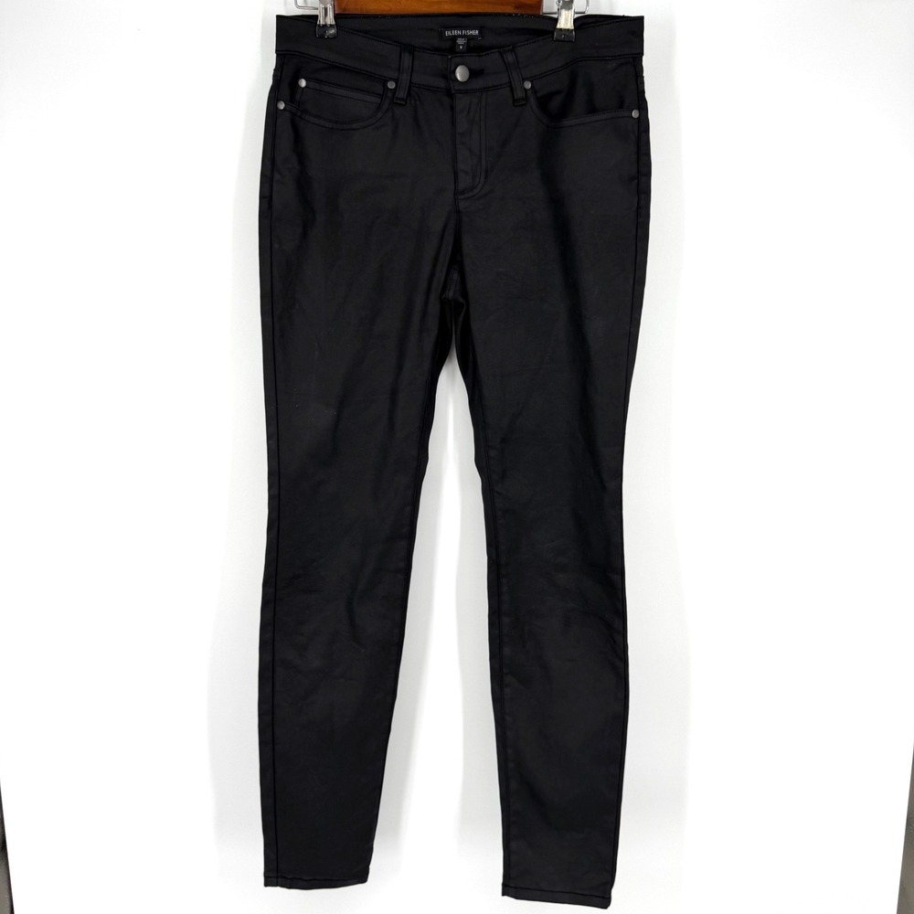 Eileen Fisher 8 Coated Black Skinny Jeans Organic Cotton Stretch Minimalist Moto